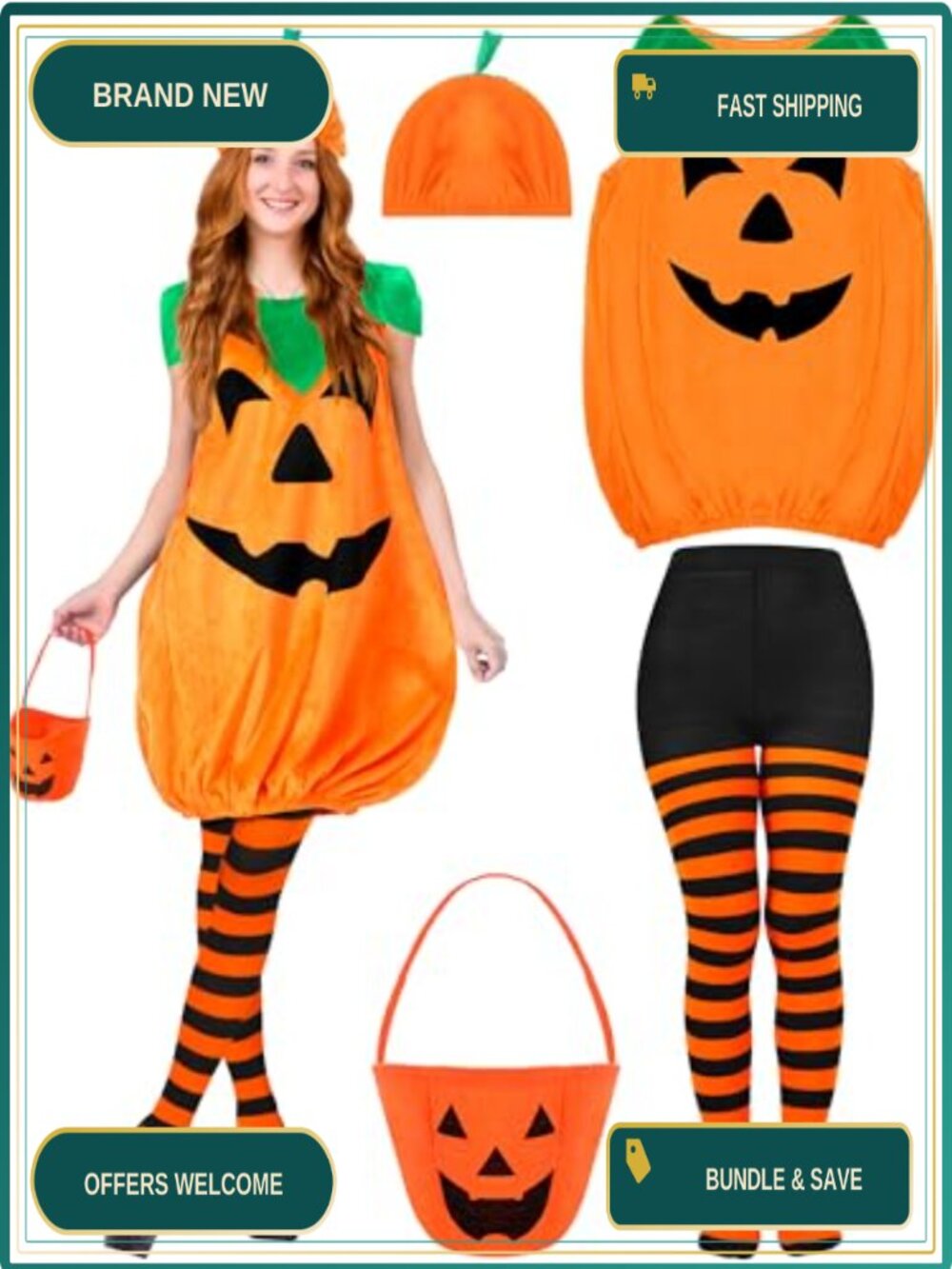 4 Pc Halloween Pumpkin Costume Set Sleeveless Dress Hat Tights Bag